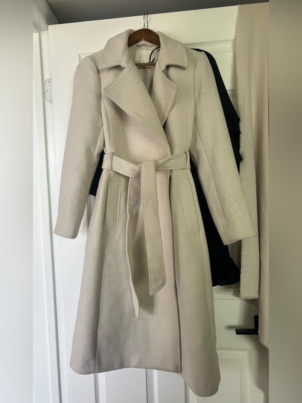 Womens Belted Long Wool-Blend Trench Coat - Cream